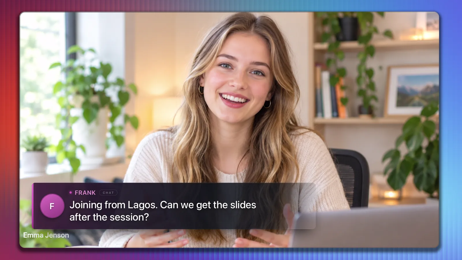 An attendee's chat question shown as a lower third over the presenter