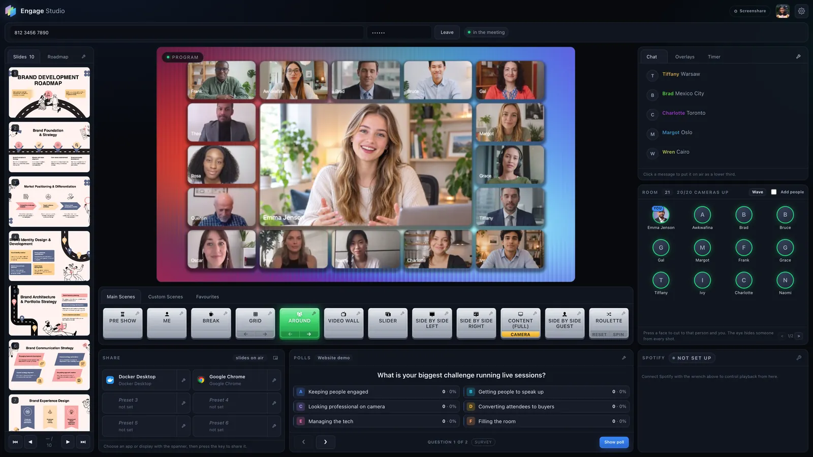 The Engage Studio console: programme preview, scene buttons, slides, chat, the room and polls