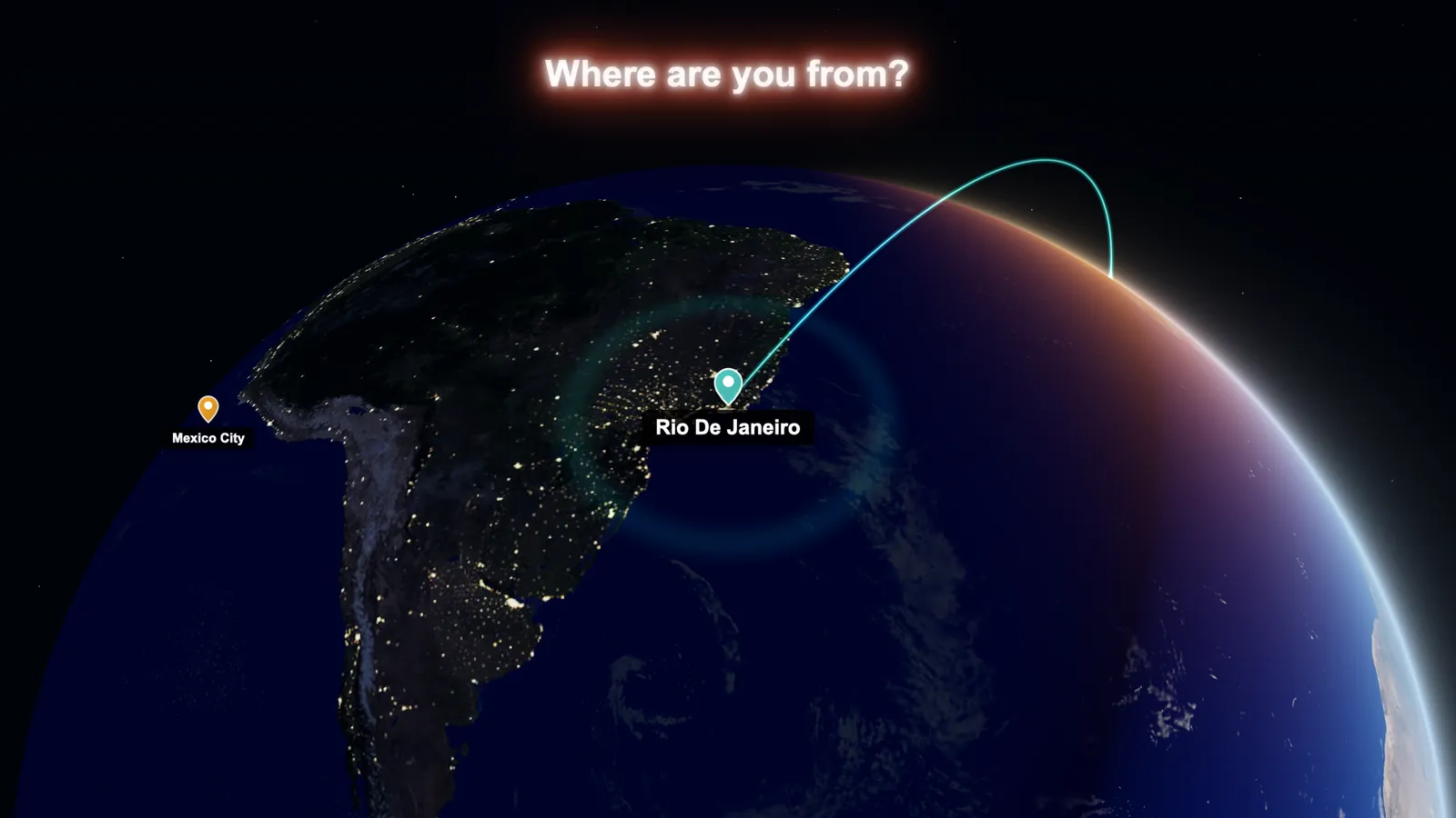 Pins in Rio de Janeiro and Mexico City on the night side