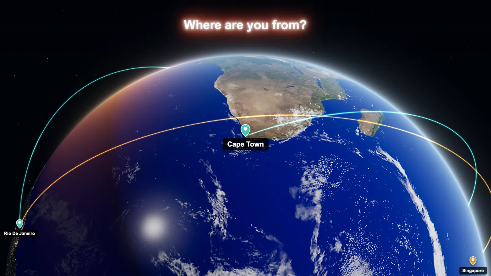 A 3D globe with pins in Cape Town, Rio de Janeiro and Singapore joined by arcs