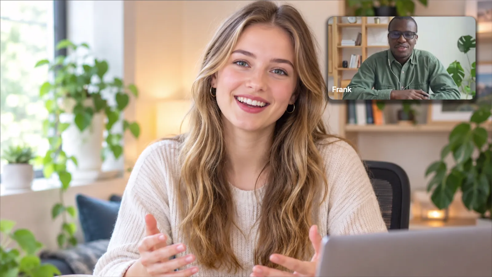 The presenter full frame with a guest inset over the shoulder
