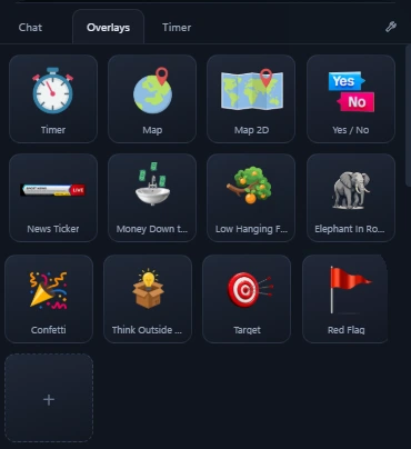 The console's overlay panel: Timer, Map, Map 2D, Yes / No, News Ticker, Money Down the Drain, Low Hanging Fruit, Elephant in the Room, Confetti, Think Outside the Box, Target and Red Flag, with a tile to add your own