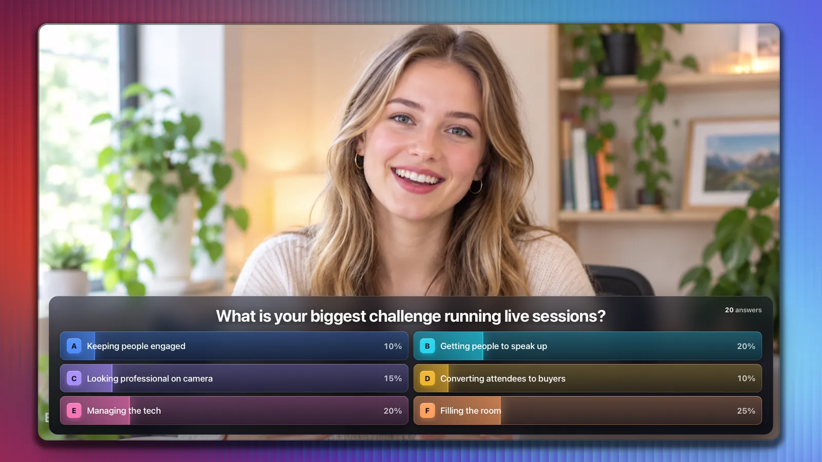 A live poll with six answers building over the presenter's shot